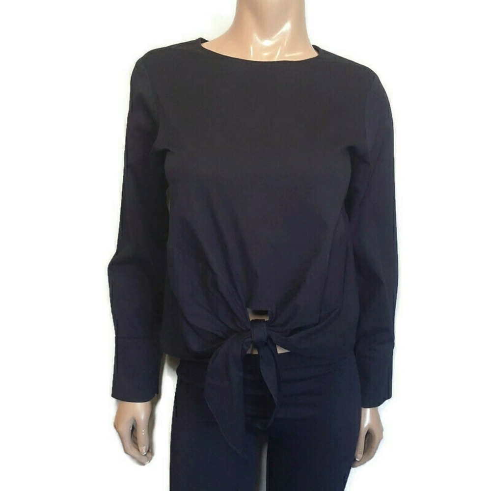 DESIGN LAB Tie Hem Button Cuff Cotton Blouse Shirt Black Size Medium